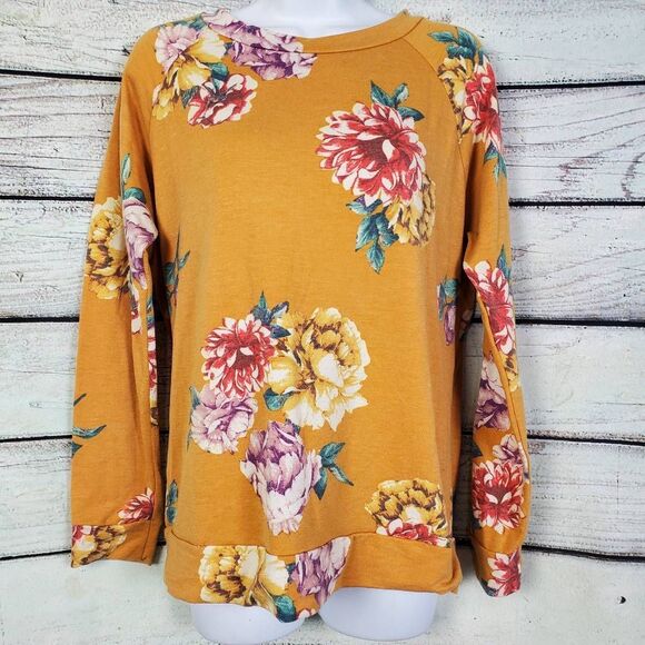 Lovely Souls Mustard Yellow Floral Long Sleeve Sweatshirt Top Women’s Size XL - Picture 1 of 6